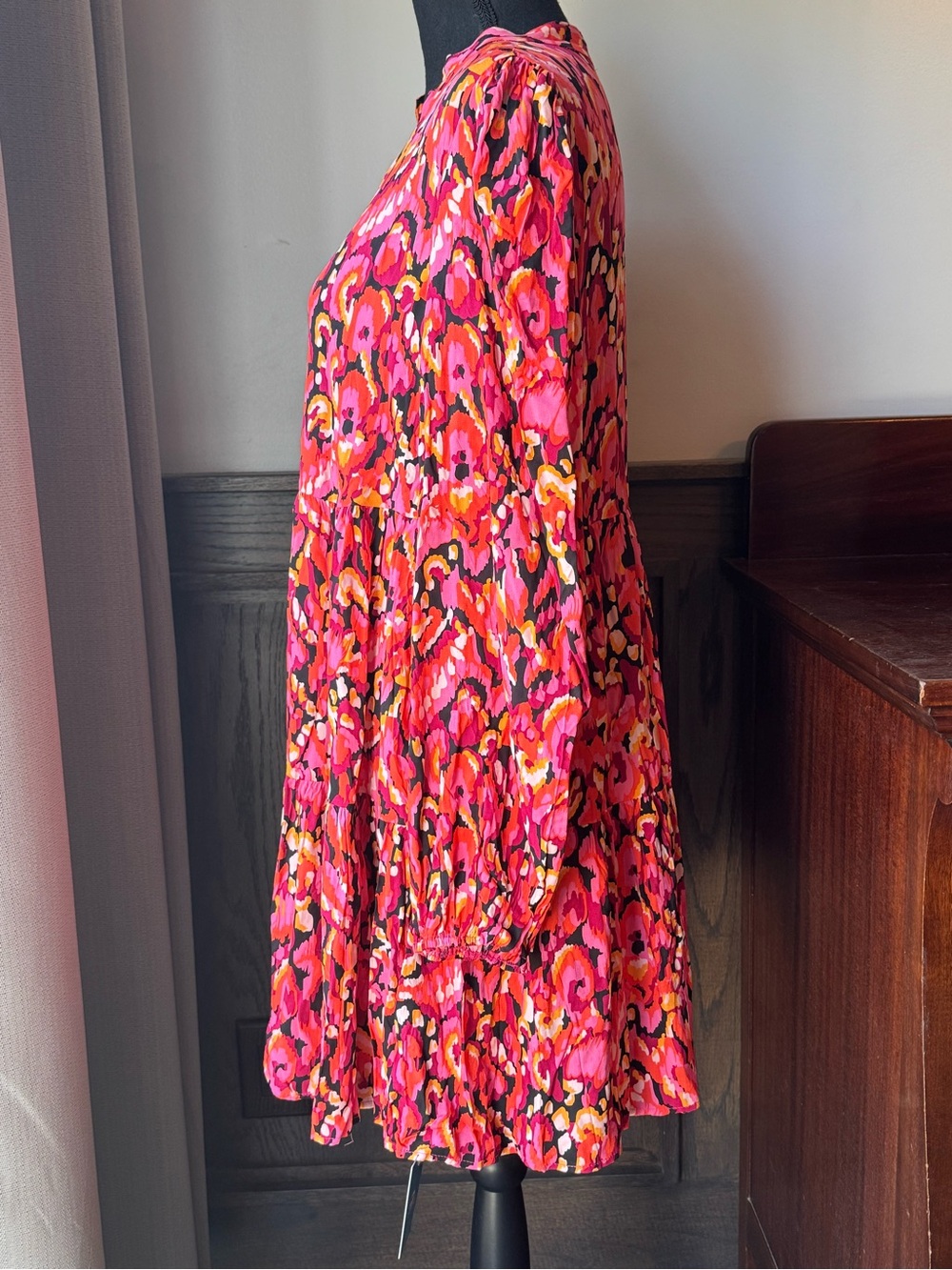 Cupshe Pink Orange and Black Floral Print Long Sleeve Mini Dress M NWT - Picture 4 of 8